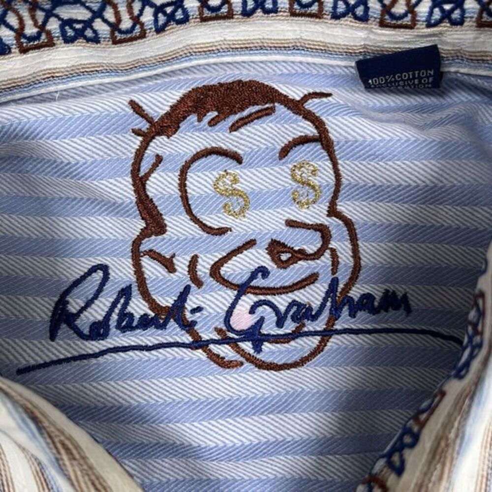 Robert Graham Shirt Mens XL‎ Paisley Striped Flip Cuff Collar Dollar Sign Eyes - Picture 11 of 15